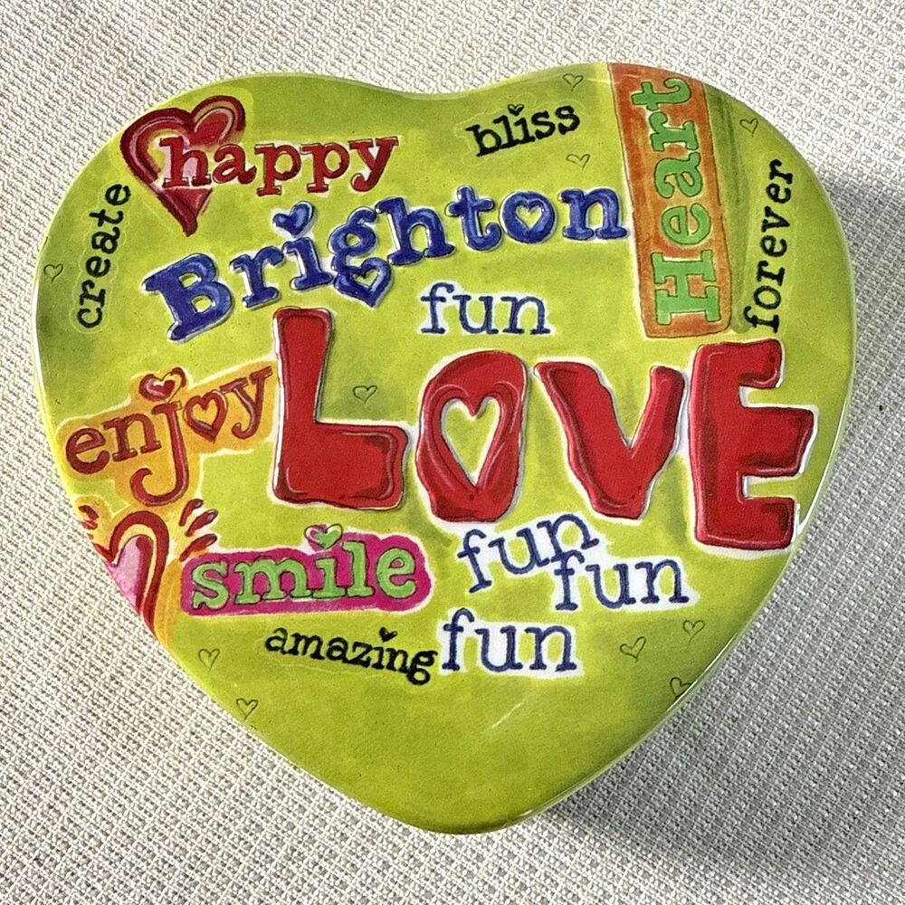Brighton Heart Shaped Collectors Tin - Green & Pink - Happy Fun Love Smile Enjoy